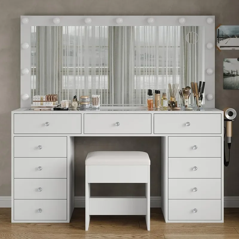 11 Drawers Makeup Vanity with Charging Station Vanity Desk with 13 LED Bulbs and HD Mirror 3 Color Brightness Adjustable