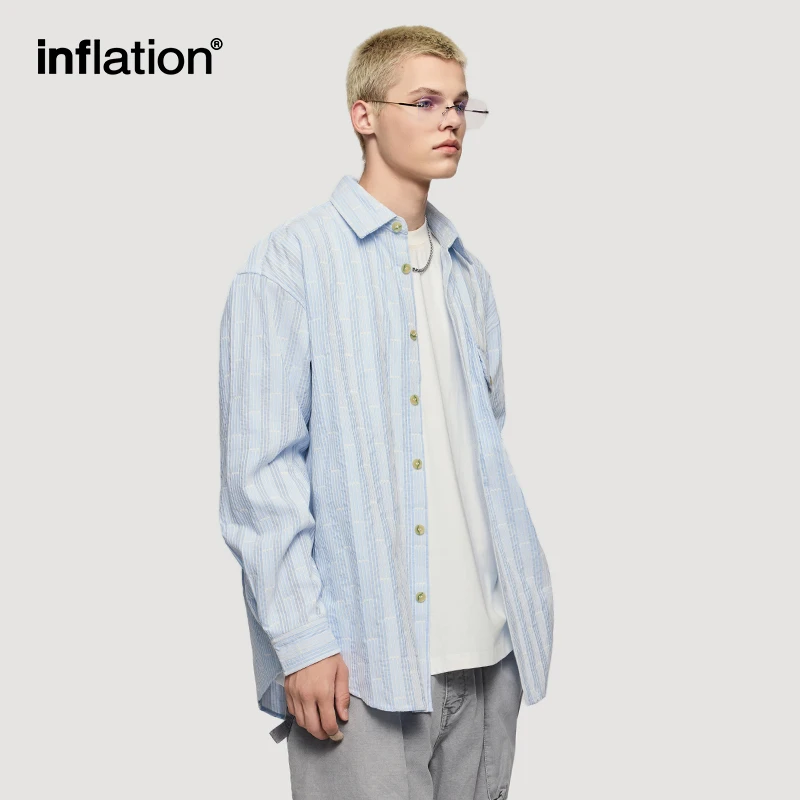 INFLATION Men's Striped Shirts Streetwear Fashion Loose Blouse Versatile Casual Turn-Down Collar Check Shirt