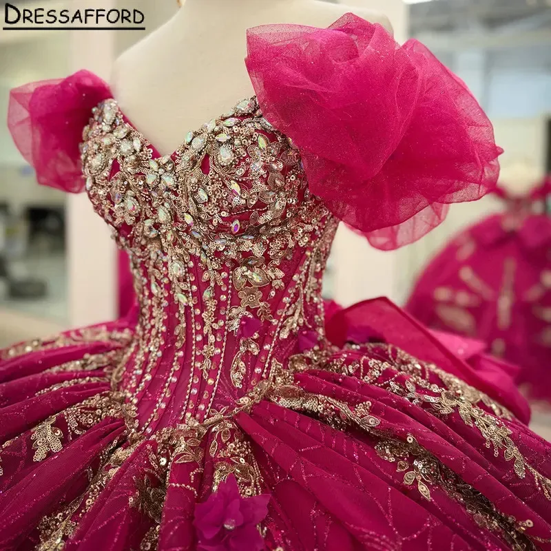

Fuchsia 3D Flowers Off The Shoulder Quinceanera Dresses Ball Gown Gold Appliques Lace Beading Sweet 15 Años Mexican Customized
