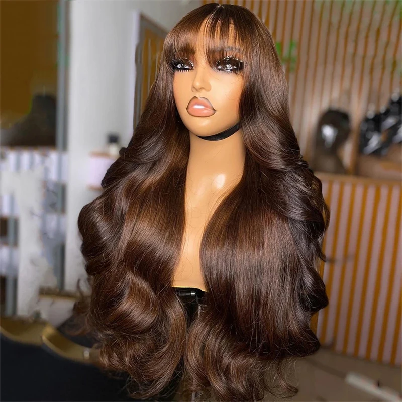 26”Long Brown Wave with Bangs 5x5 Silk Base 26inch Soft  Jewish Human Hair Wig With Baby Hair HD Lace European Hair Preplucked