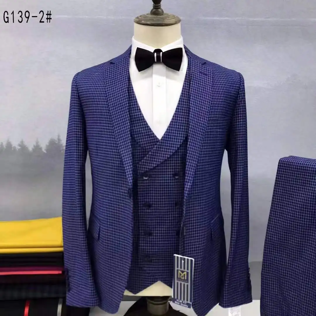 Men's Suit Sets Business Slim Plaid 3 Pieces Wedding Notch Lapel(Blazer+Vest+Pants)