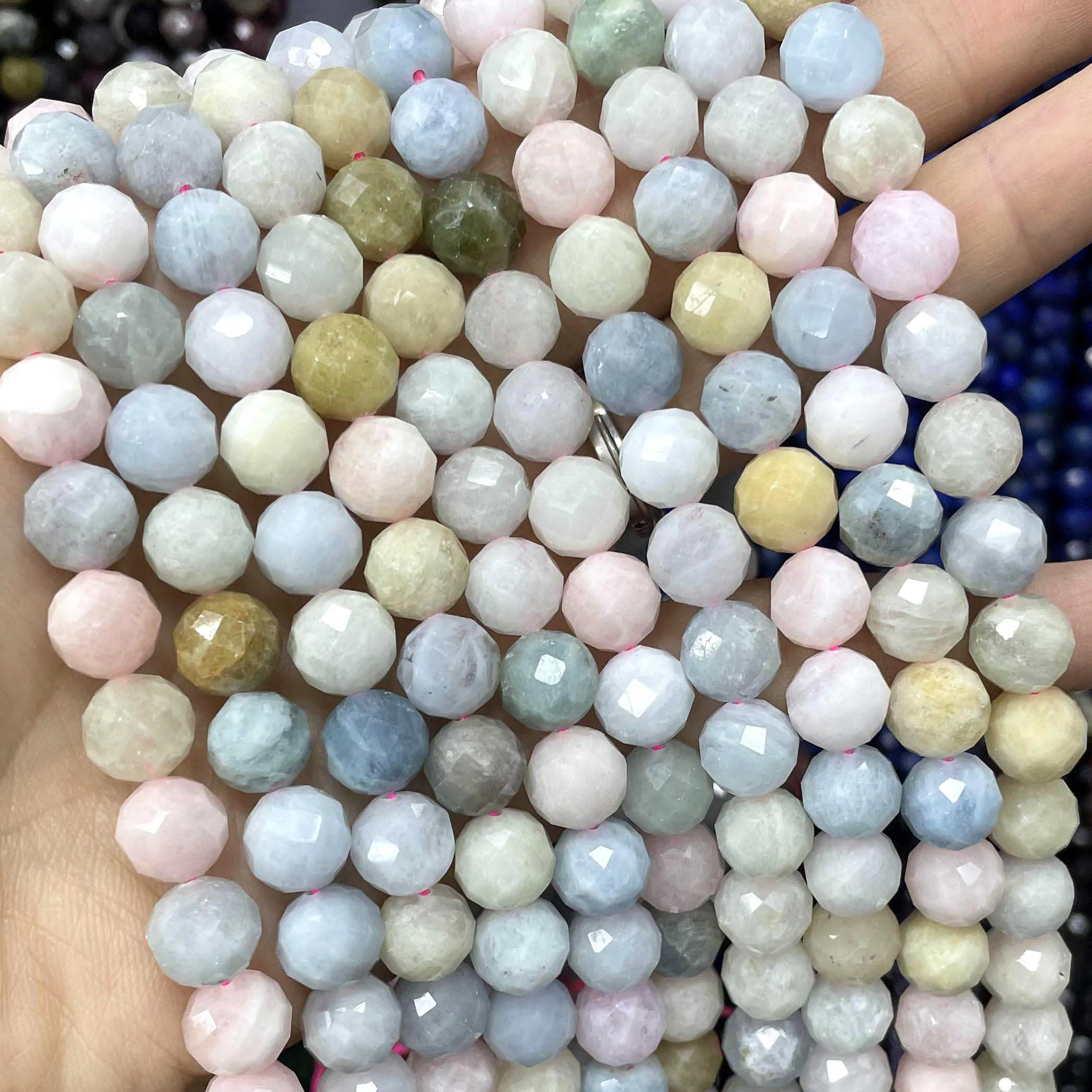 6/8/10MM Natural Stone Faceted Colorful Morganite Round Gemstone Spacer Beads For Jewelry Making DIY Accessories 7.5\'\'inches