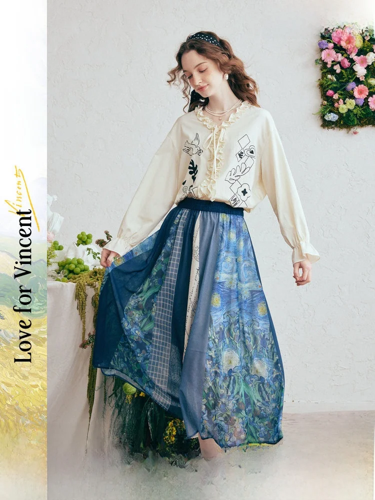 

Художественная романтическая юбка А-силуэта миди с принтом, длинная струящаяся юбка с высокой талией из полиэстера без эластана Ciwalk