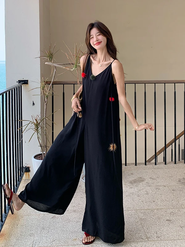 블라 V넥 스트랩 슬림 스트레이트 레그 점프수트 여성용 패셔너블 하이웨이스트 젊어 보이는 여름 신상품