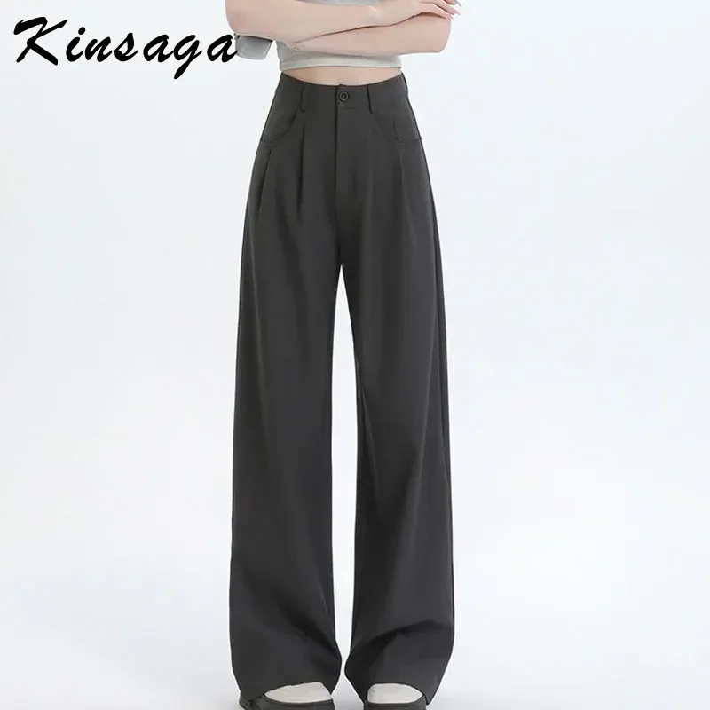 Kinsaga Gray High Waist Pleated Suit Pants Women Korean Pear Shape Slimming Straight Drape Mopping Pants Petite Girls Trousers