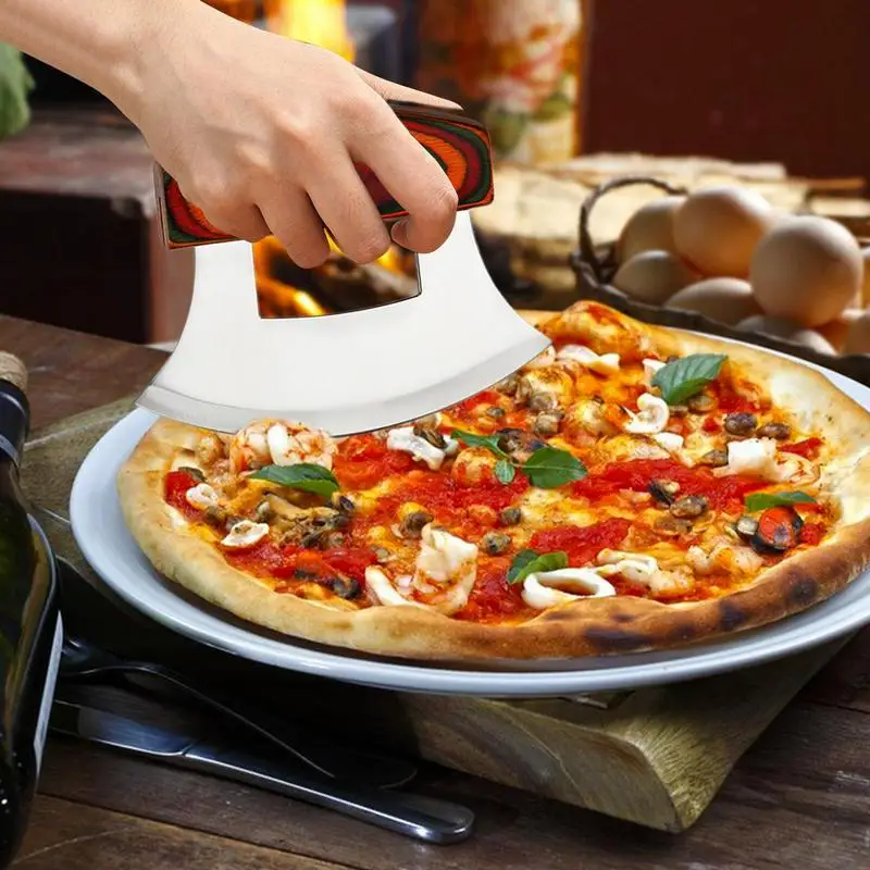 Ulu Pizza Cutter Chef Mezzaluna Ulu Cutter Ergonomic Anti-Slip Handle Stainless Steel Alaskan Ulu Cutter With Wooden Stand For