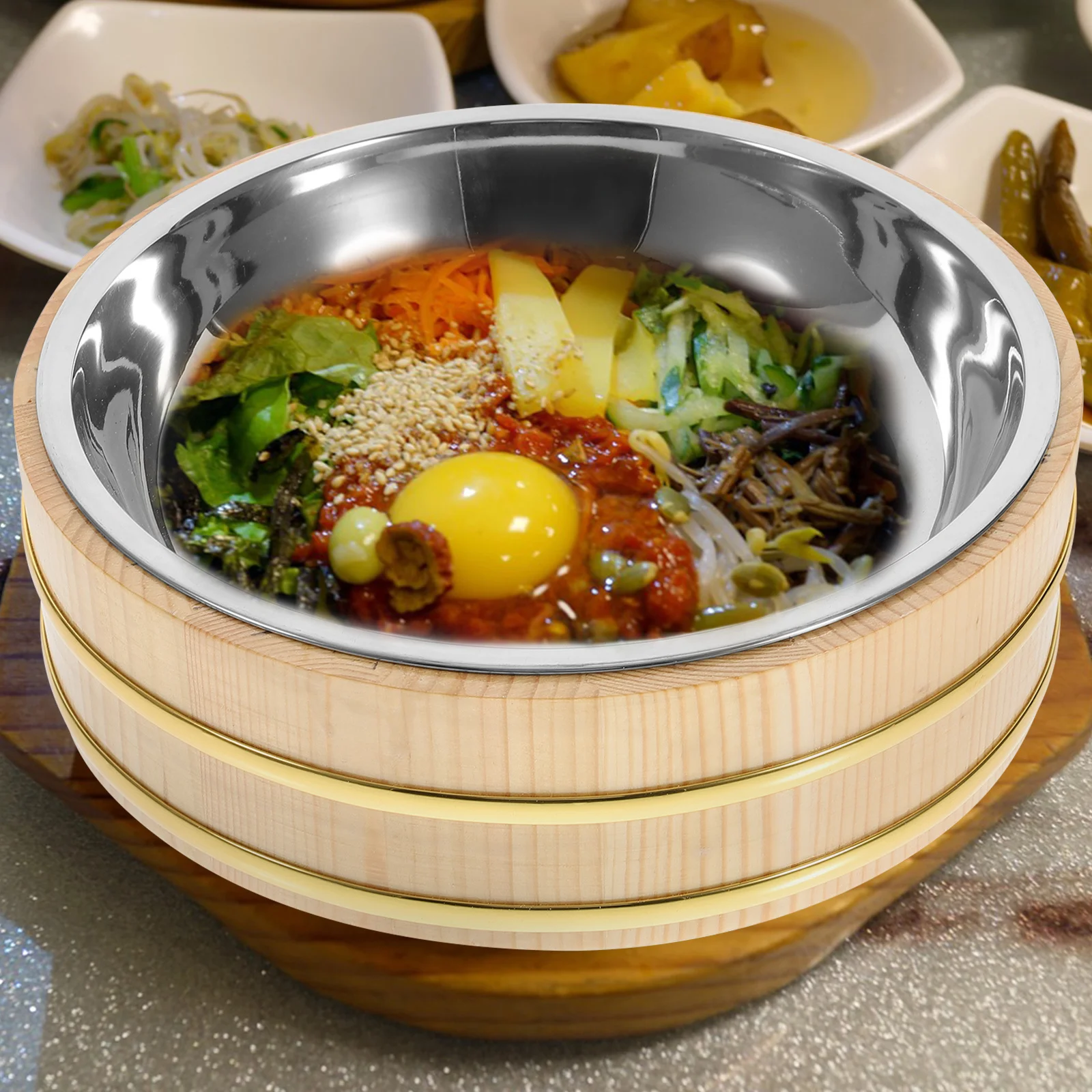 

1 pc Sushi Bucket Japanese Style Wood Rice Bucket Thickened Stainless Steel Food Plate Home Tableware Korean Rice Mixing Bowl