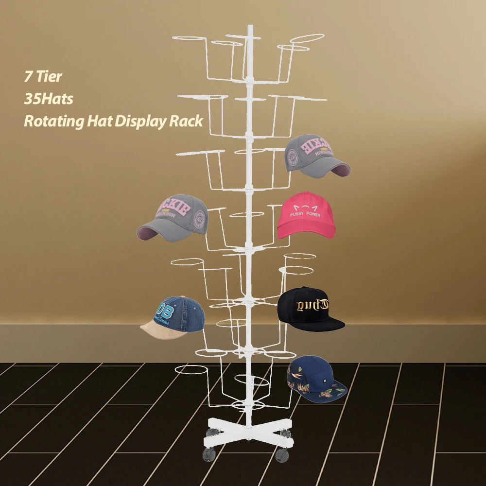 Rotating Hat Display Stand 7 Tier Hat Racks with 35 Metal Hooks Adjustable Hat Hanger Organizer Headwear Wig Rack with 4 Wheels