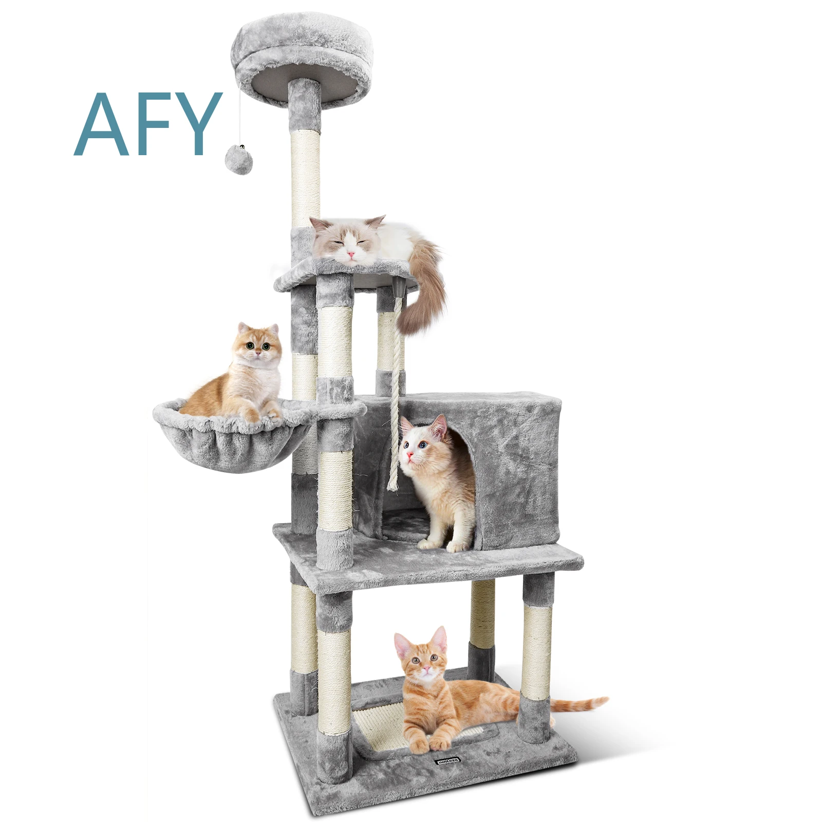 148 cm Durable Large Cat Scratching Board for Cats Modern Multi-Layer Movable Tower with 9 Sisal Columns 2 Nests Hammock