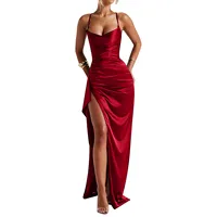 Vestido elegante de satén con tirantes para mujer, novedad de verano, Sexy, sin espalda, con pliegues divididos, vestido de fiesta de noche liso sin mangas