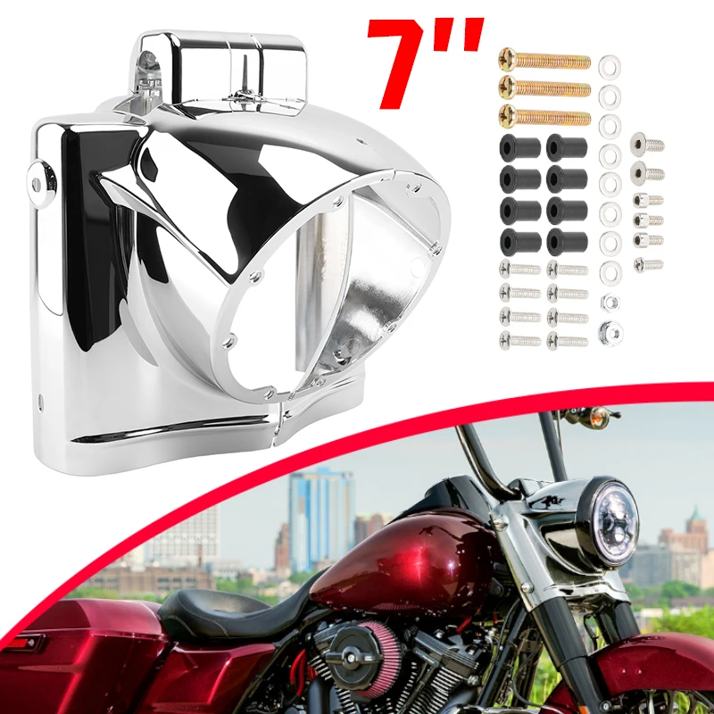 

7" Round Headlight Nacelle Cover Motorcycle Headlamp Housing Case Chrome Fit For Harley Touring Road King 2014 2015 2016 2017-Up