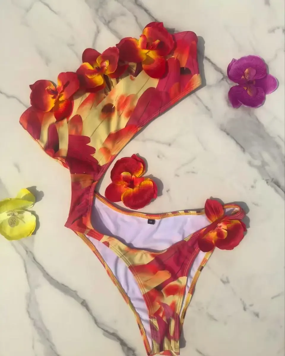 Traje de baño de tanga de bikini floral naranja para mujer Ropa de playa recortada Traje de baño de moda de verano