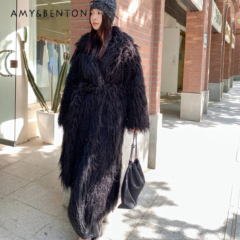 

Faux Fur Black Beach Wool Environmentally Friendly Furry Long Loose Suit Large Lapel Woolen Jacket Casual Knee Coat Trench Women