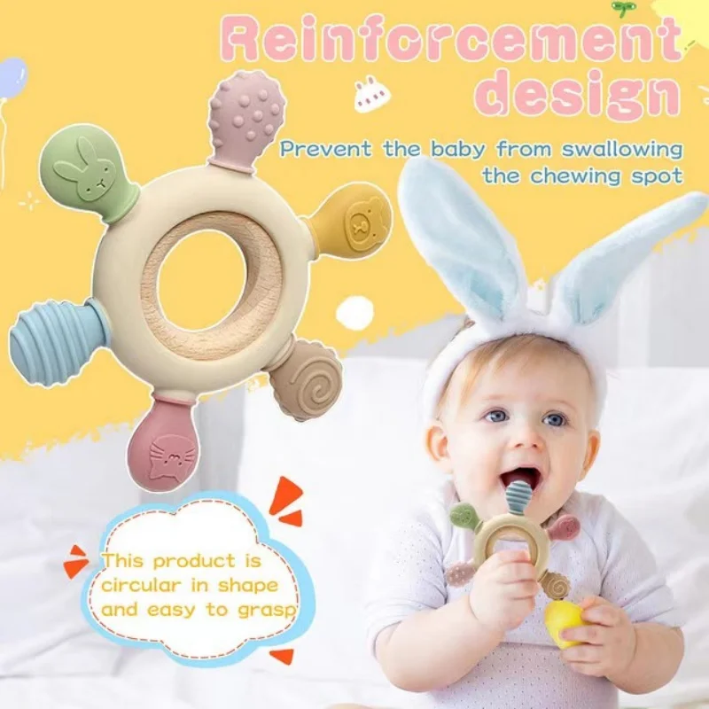 1pc  BPA Free Food Grade Baby Silicone Teether Rudder Shape Wooden Ring Teething Toys Infant Chewing Nursing Toy Newborn Gifts