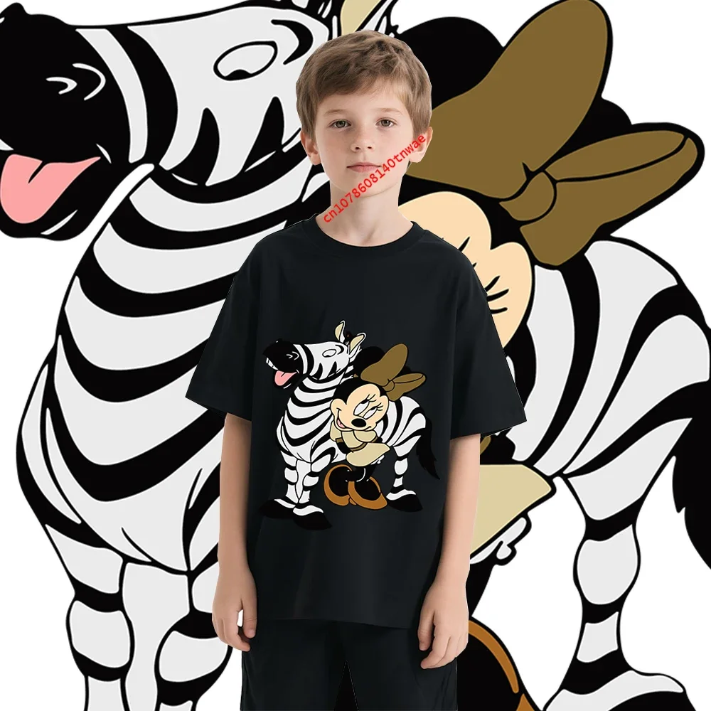 

Футболка с забавным принтом Disney Minnie Zèbre Jungle 100, хлопок, удобная футболка enfants pour garfestival et filles doux Playwear haut pou