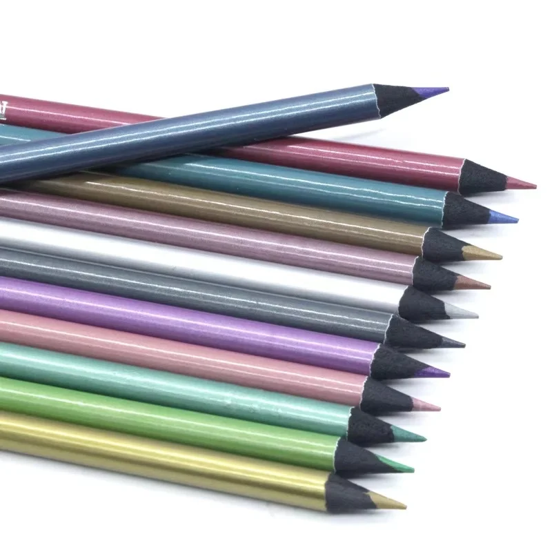 12-Farben-Metallic-Buntstift, Zeichnung, Skizzieren, Set, Buntstift, DIY, Kunstbedarf, Färbung, Zuhause, Malerei, Farbstift-Set