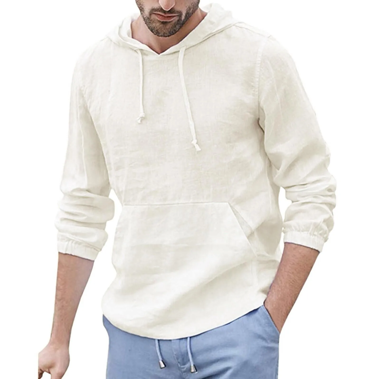 Hooded Shirts For Men Spring Summer Daily Cotton Linen Solid Color Long Sleeve Shirts With Pockets Casual Loose Shirts