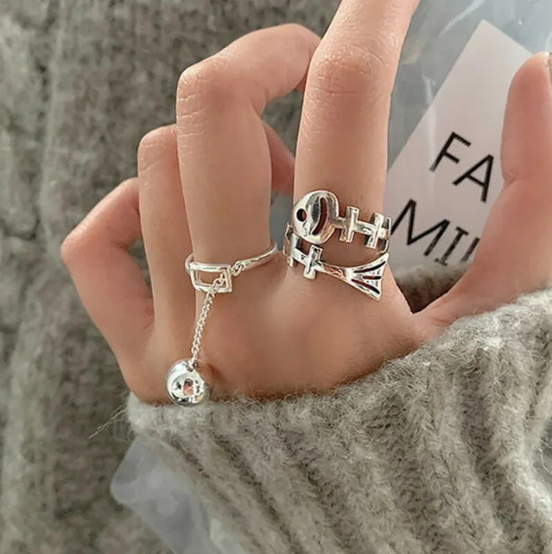 925 Sterling Silver Rings INS Fashion Creative Fishbone Ball Pendant Vintage Handmade Party Jewelry Gifts Women's Resizable Ring