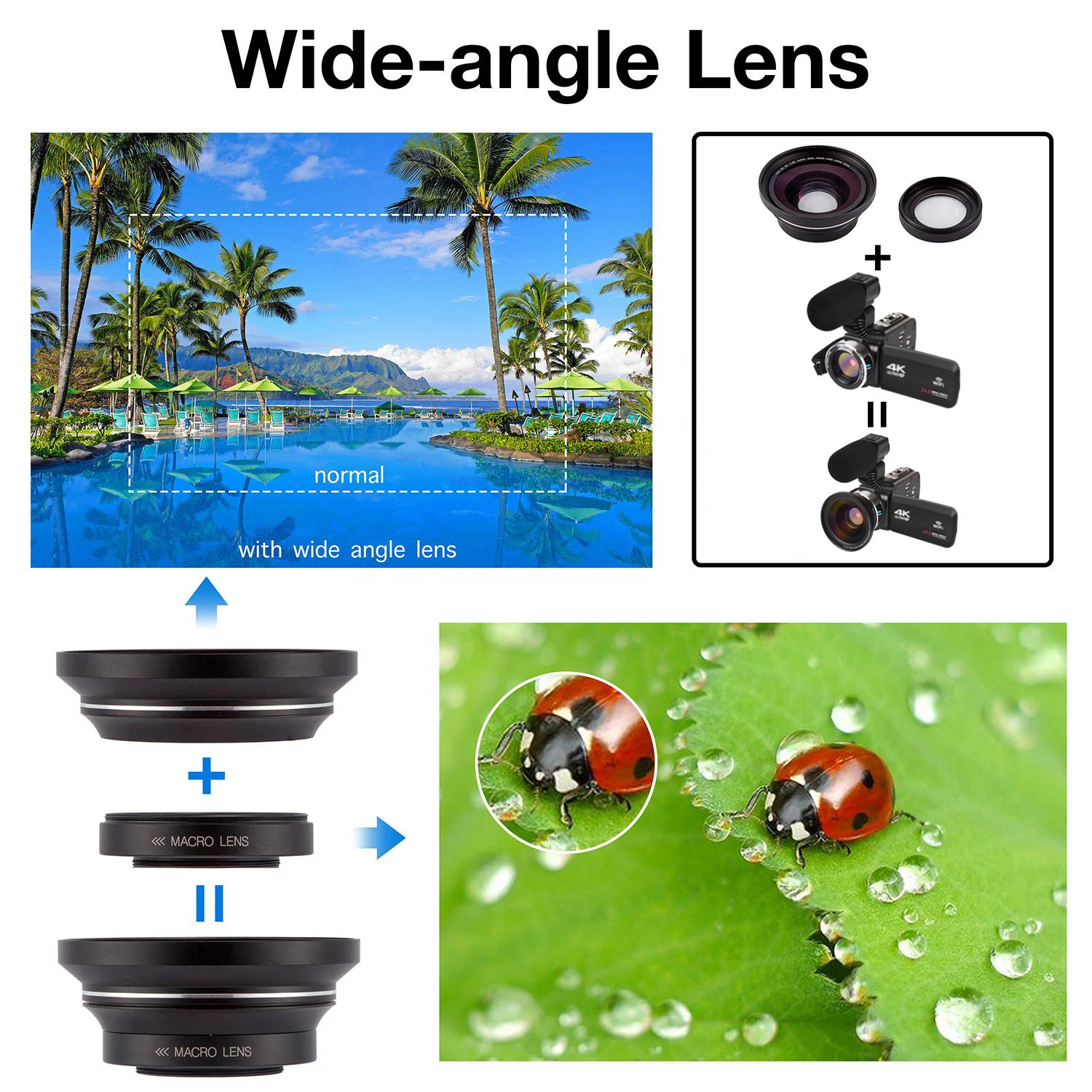Universal 37mm 2 In 1 HD 0.39X 0.45X Super Wide Angle Macro Lens For Video Camera 2X Telephoto Zoom Camcorder Lens Teleconverter
