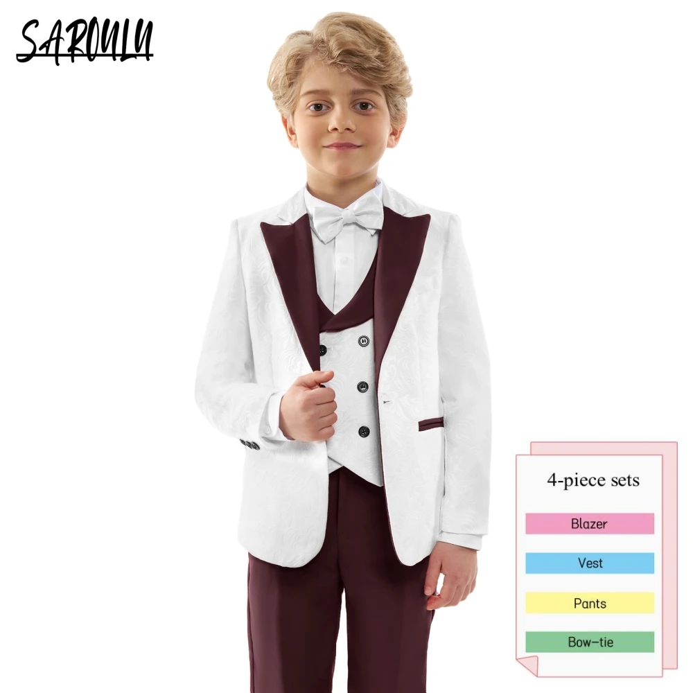 

Wine Red Boys Formal Party Suit Elegant Spring Autumn 4-pieces Kids Hot Sale Tuxedo Toddler Dresswear Wedding Ring Bearer Set