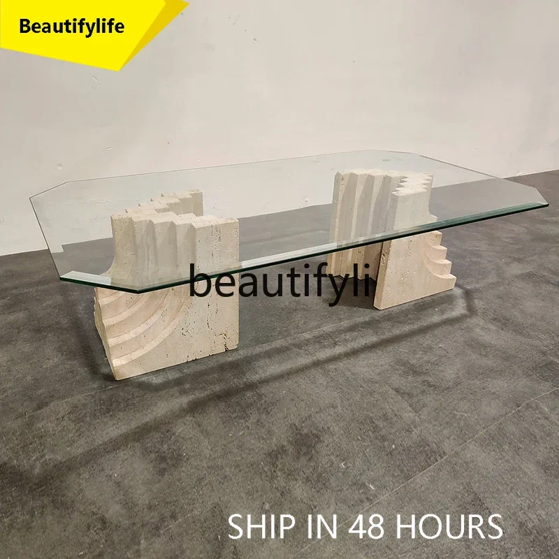 

smt1 Nordic natural travertine coffee table rectangular creative wabi-sabi minimalist tempered glass living room tea table