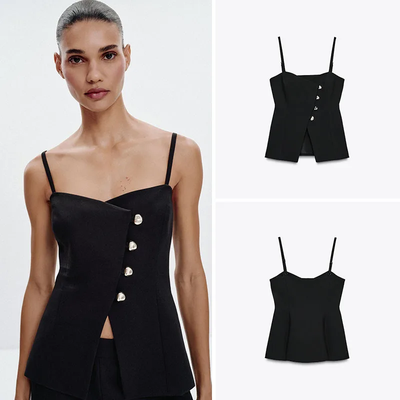 

Новая летняя женская одежда ZA2025 с v-образным вырезом и пуговицами, топ с тонкими бретелями, повседневная верхняя одежда без нагрудных подушечек, обычная длина