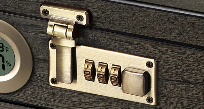 Zigarre-Humidor, Glas-Desktop-Box mit digitalem Thermo-Hygrometer, Luftbefeuchter, Trennwand, Zubehör, Schublade und Zahlenschloss – Detail 4