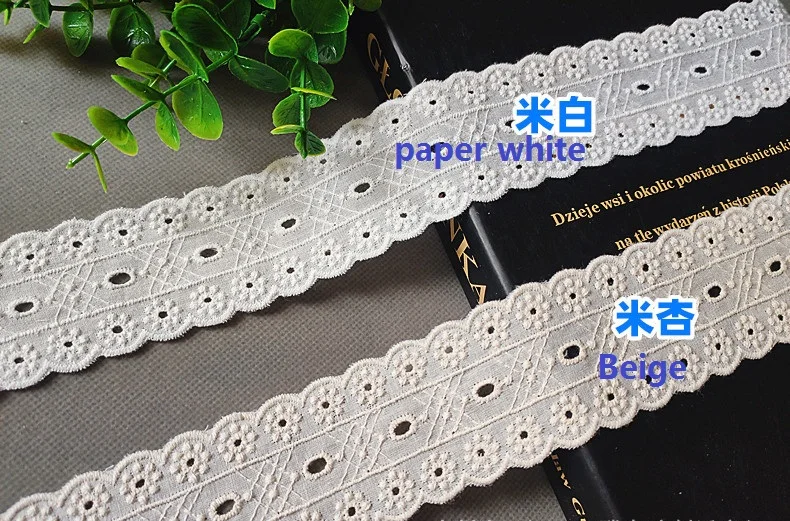 4.5cm wide 4yards/lot Craft Beige/Paper White Pure Cotton Embroidered Lace Trim X929