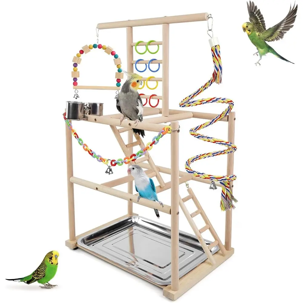

HPAWHOMEPART Bird Playground, Parrots Playstand or Small to Medium Birds, Perch Stand with 3 Ladders Playgym with Rope Perch, Sw