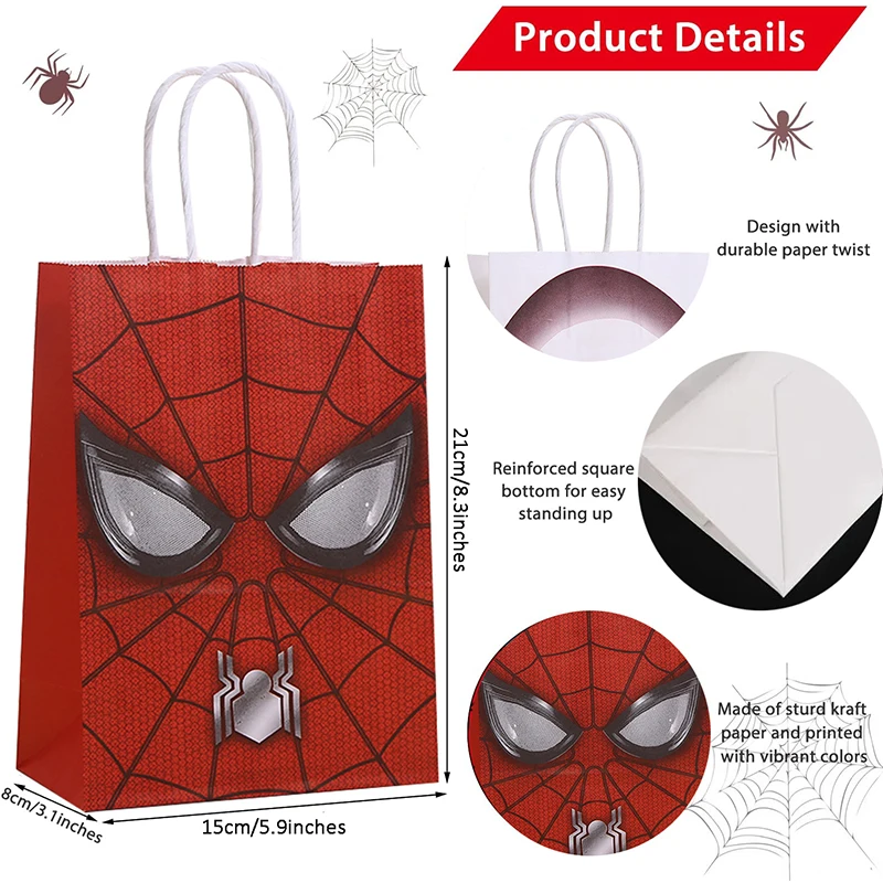 10/20pcs Spiderman Kraft Bags with Handle Super Hero Themed Party Gift Bag Baby Shower Kids Birthday Party Favors Bag Decoration