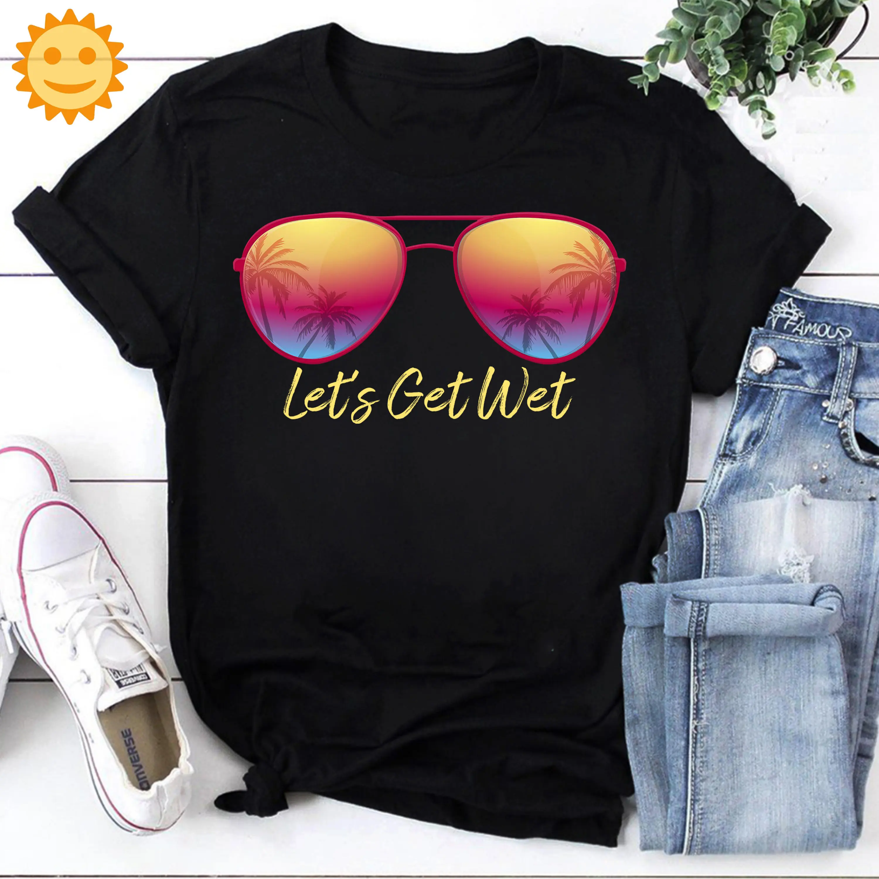 Summer Glasses Let'S Get Wet Vintage T Shirt Vacation Holiday Beach Sunglasses