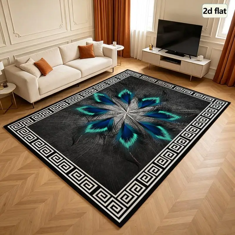 Luxury Peacock Feather Medallion Carpet Flooring, Retro Greek Key Border Square Area Rug for Home Decor