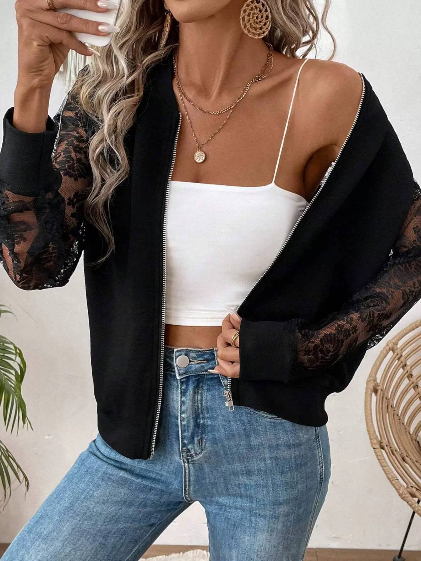 

Fashion Black Floral Lace Mesh Blazers Jackets Women's Long Sleeve Elegant Coats for Party Work Office