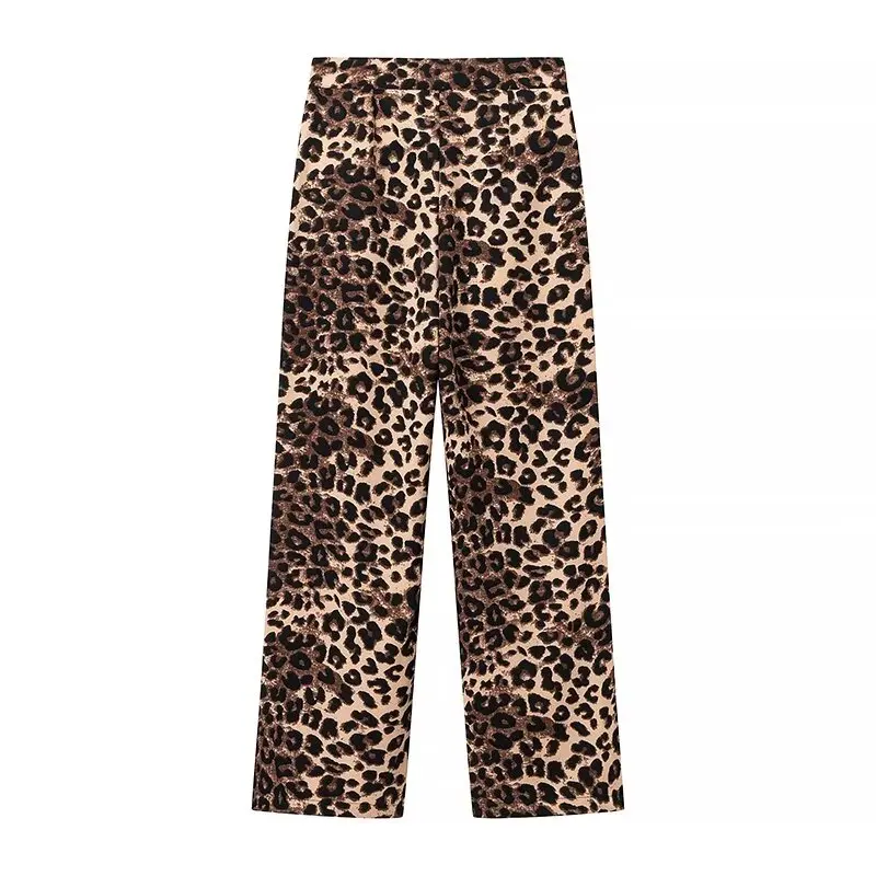 Women's Leopard Print Twill Trousers Straight-Leg Pants With Elastic Waist Tops Of The Same Color Can Be Combined Into A Suit