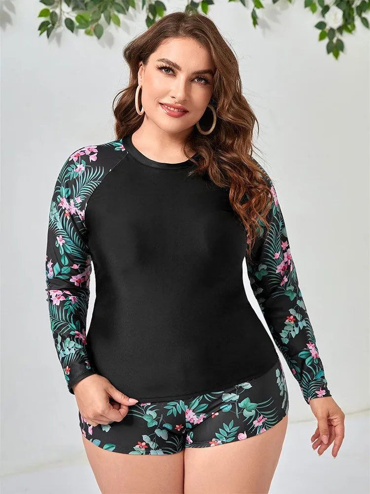 Plus Size Swimwear Women Printed Long Sleeve Swimsuit Two Piece Sport Surfsuit Sun Protection Beachwear Summer New 2024 Tankini