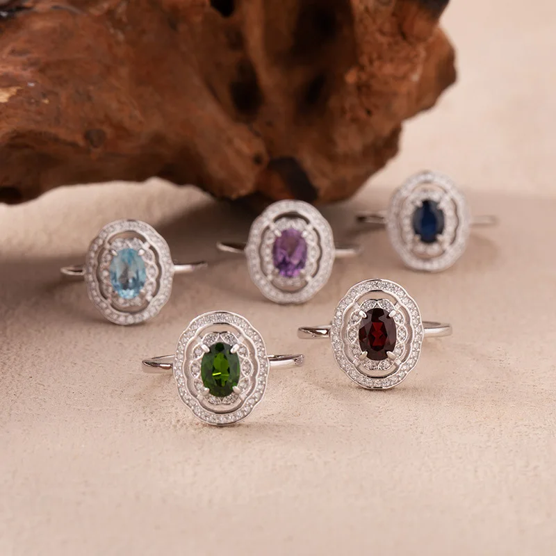 

News925Sterling Silver Colorful Gemstone Ring for Women Natural Topaz Sapphire Peridot Diopside Garnet