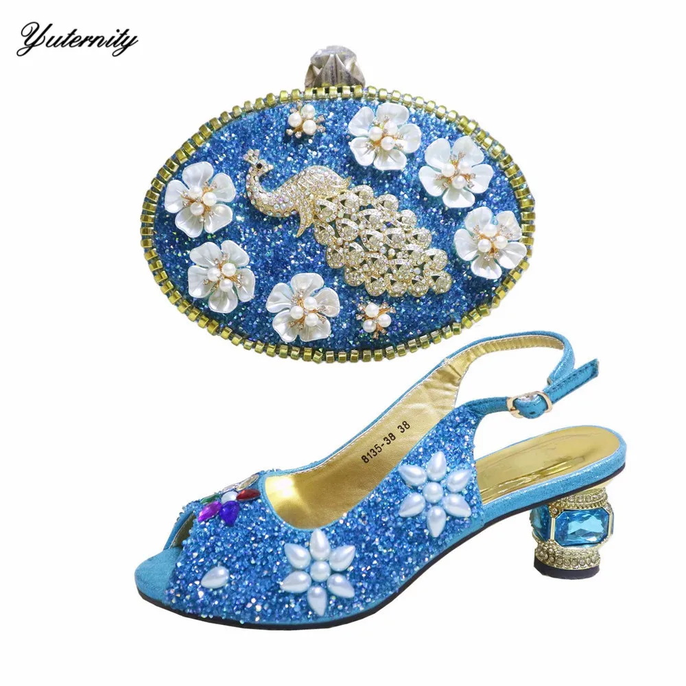 

Latest Italian Design Flower Rhinestone Shoes And Bag Set New Style High Heels Woman Shoes And Bag Set For Party Usage