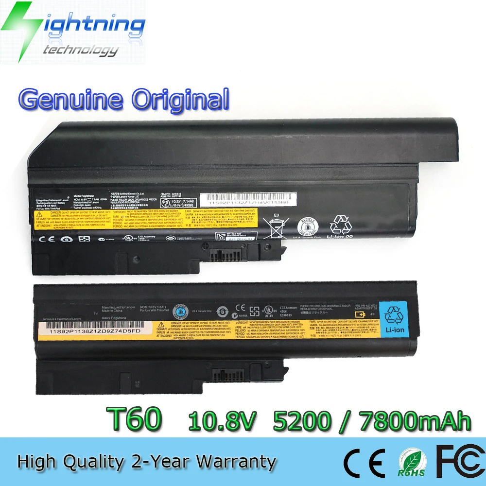 New Genuine Original 92P1138 10.8V 5200mAh/7800mAh Laptop Battery for Lenovo ThinkPad T60 T61 R500 T500 W500 SL500