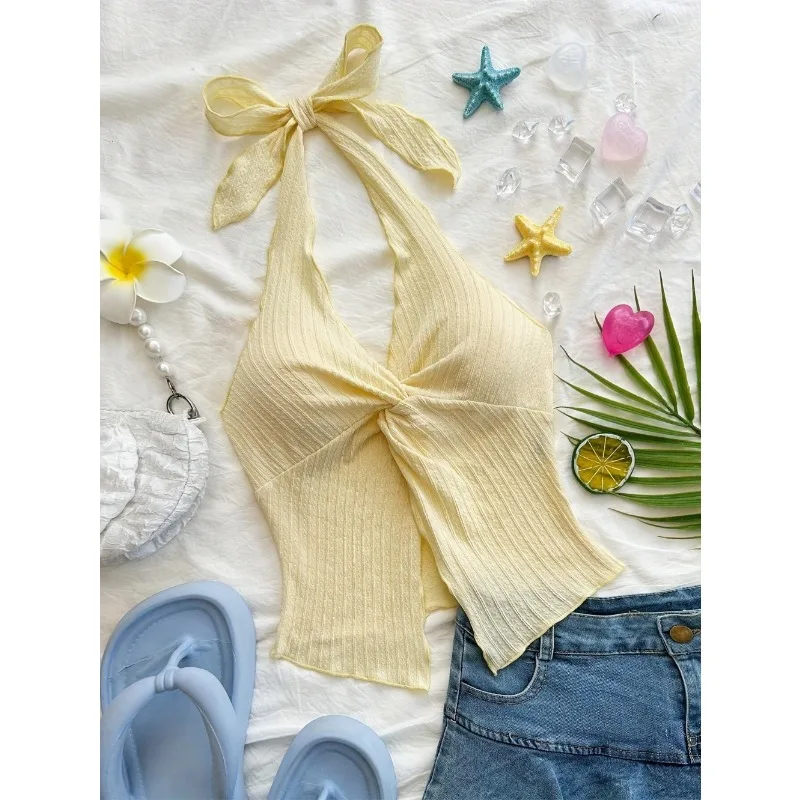 

Sexy V-neck Halter Neck Crop Top for Women Summer Sleeveless Solid Split Backless Camisole Y2K Tops Women's Clothing Streetwear