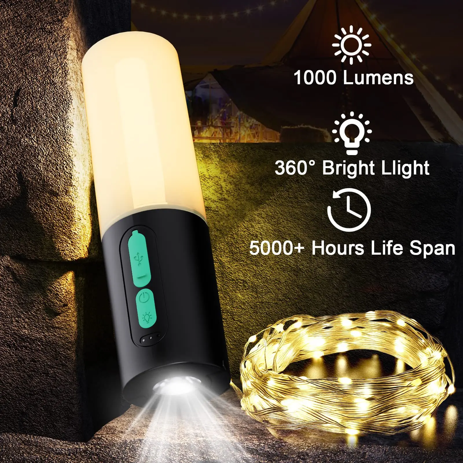 

C2 100LEDs Outdoor Tents Party BBQ Lamp String Decor with Hook 10m Camping String Light Rechargeable Portable Camping Lanterns
