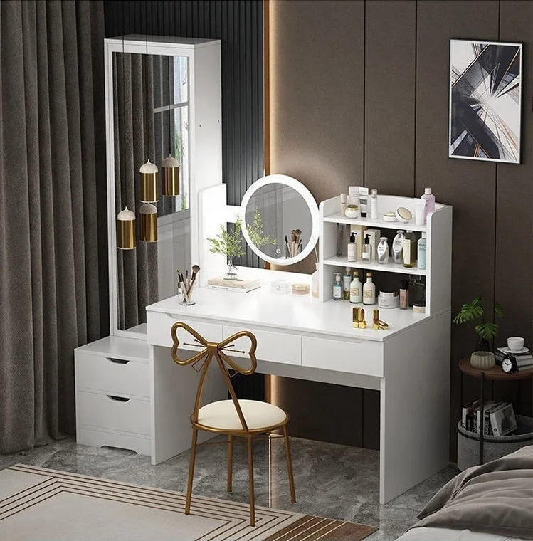 #@ Modern Adjustable Lighted Makeup Vanity Dressing Table,Modern Design Bedroom Vanity Makeup with Mirror Chair Sets