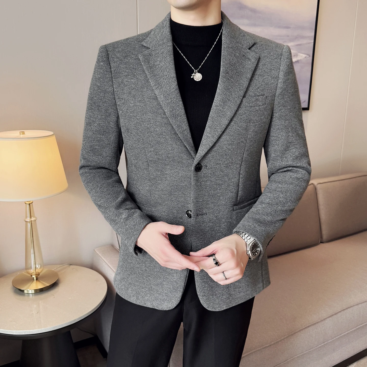 بدلة صوف سميكة عالية الجودة للخريف والشتاء، سترة بدلة عصرية وغير رسمية للرجال، بدلة ضيقة على الطراز الكوري #5