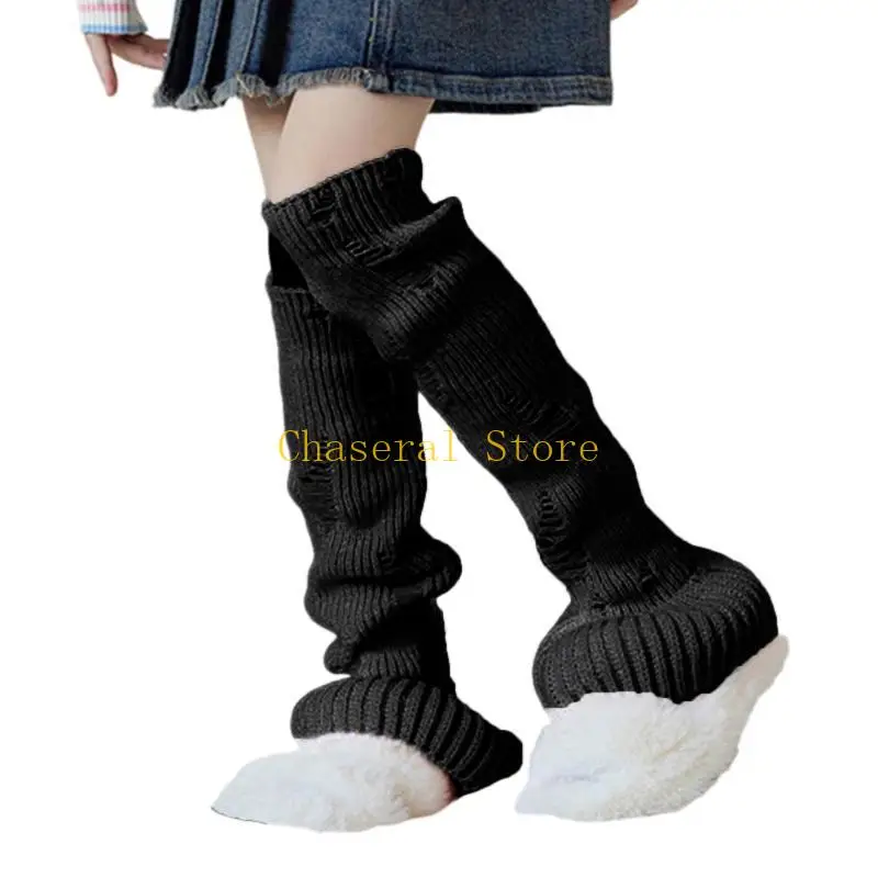

E7CE Knitted Leg Warmers for Winter Autumn Girl Cable Knit Slouchy Socks Ripped Leg Covers Kids Breathable Knee Socks
