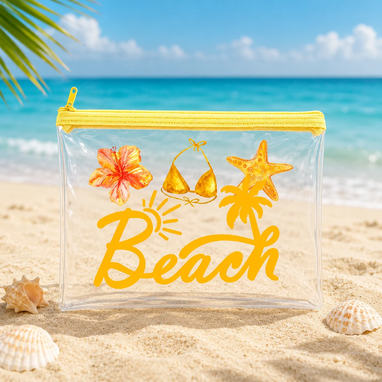 Tropical Beach Clear PVC Cosmetic Bag with Yellow Zipper, Travel Toiletry Pouch for Women, Pool, Vacation & Swim Essentials