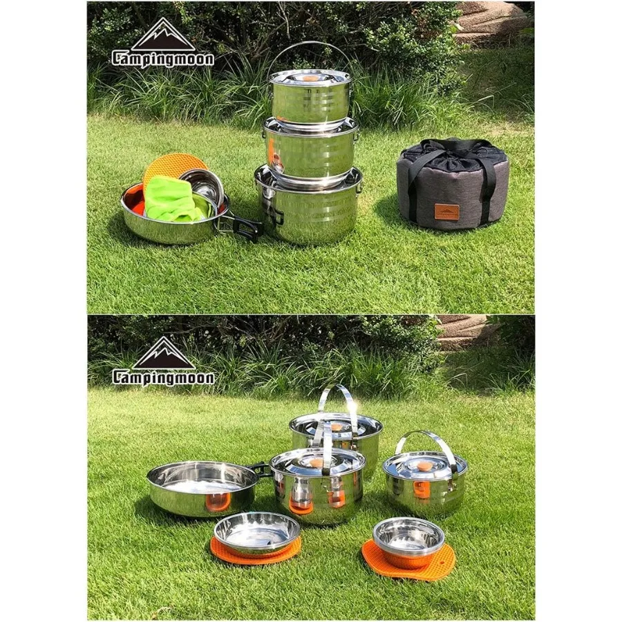 CAMPINGMOON Camping Cookware Set Stainless Steel Outdoor Nesting Cooking Mess Kit Pots Pans Bowls with Storage Carrying Tote Ba