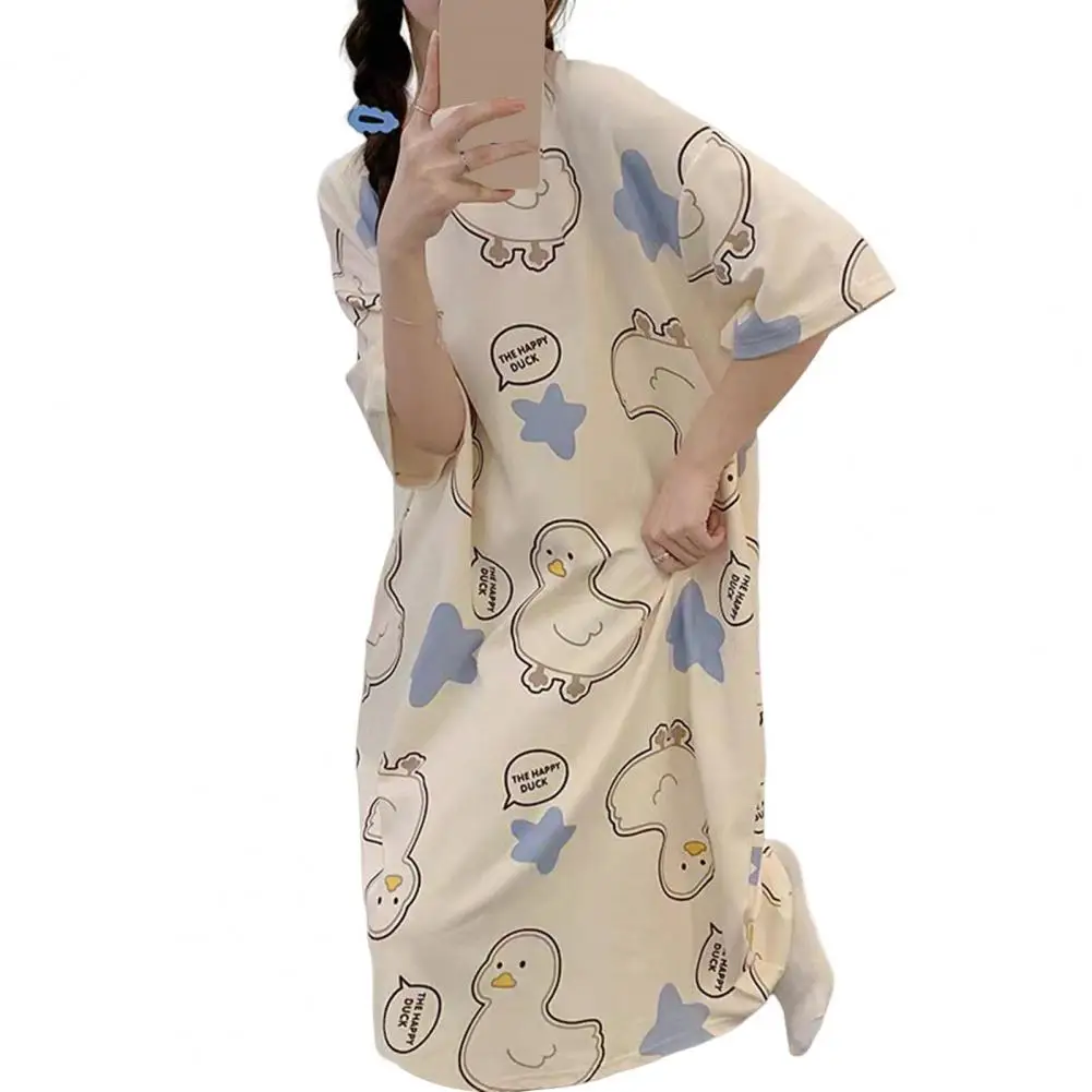 Homewear Dress Women Nightgown Cartoon Print Women\'s Summer Nightgown O Neck Loose Pullover Dress for Lady Sleepwear Knee Length