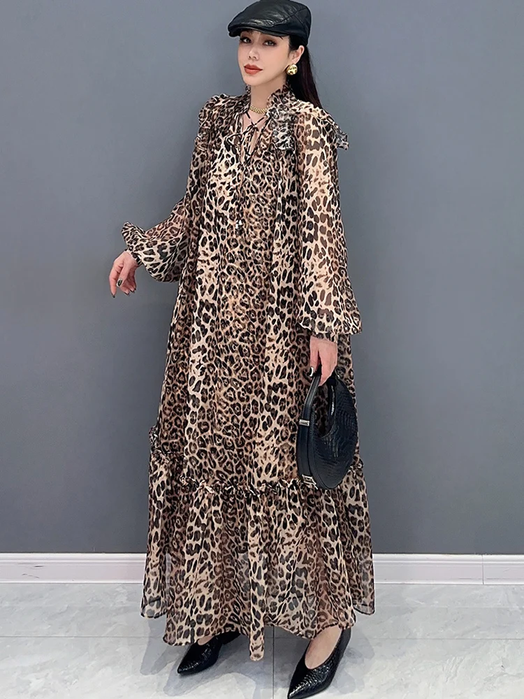 SHENGPALAE 2024 Spring Summer New Dress Chiffon Printed Leopard Pattern Spliced Long Sleeved Ruffle Edge Elegant Dresses 5R9651