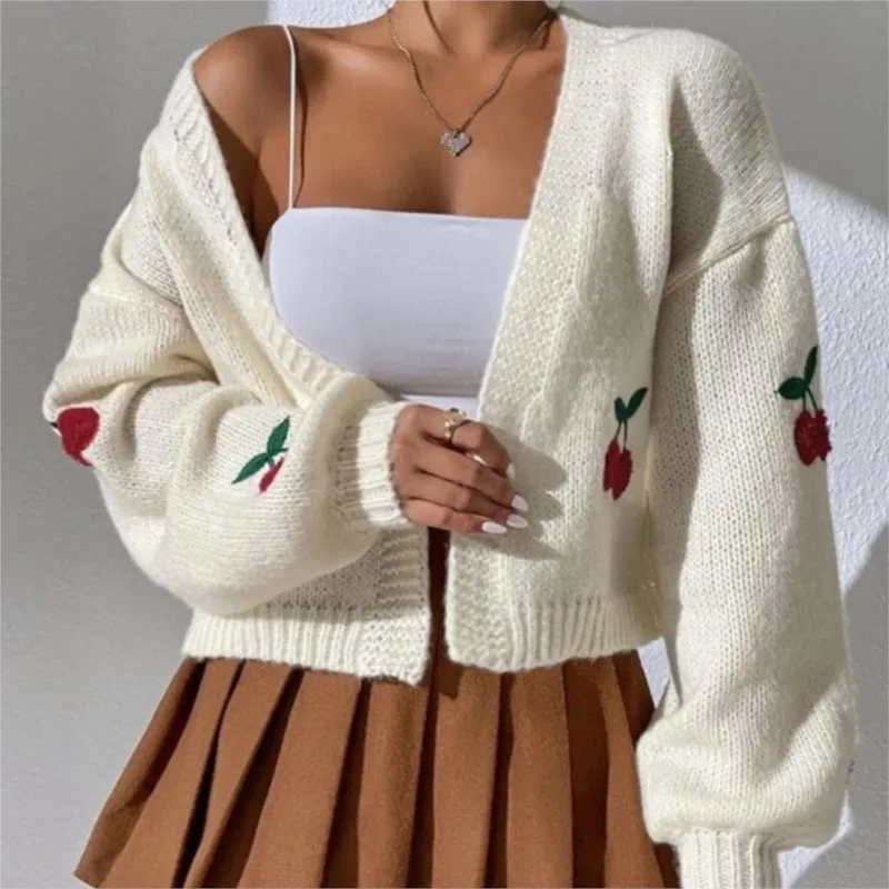 

Women's Cardigan Sweater Solid Color Loose Cherry Embroidery Jacket Knitted Sweater Coat Autumn Winter Lady 2025 New Cardigans