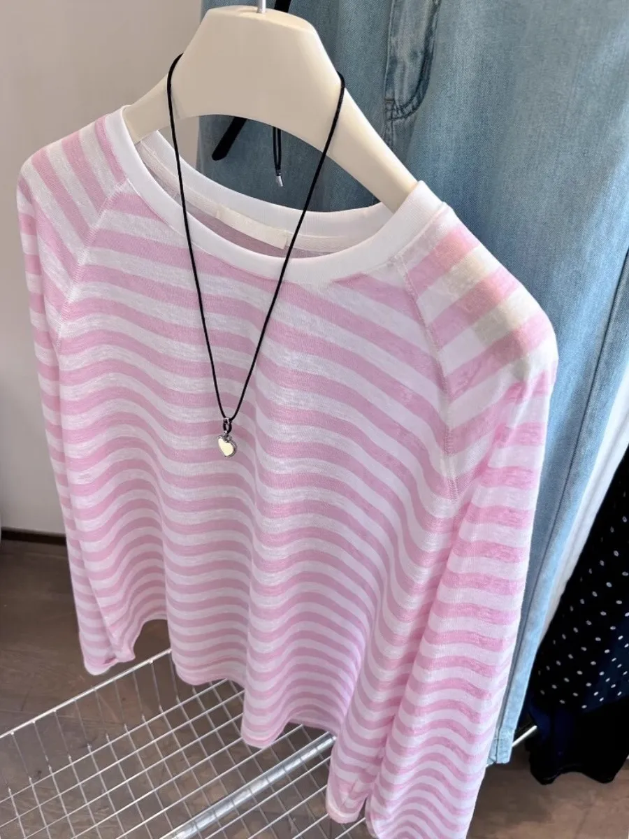 Bardzo Duży Rozmiar 300, Różowy w Paski, Długi Sweter, Damska Letnia Nowość, Elegancka Odzież Chroniąca Przed Słońcem, Mieszanka Bawełny