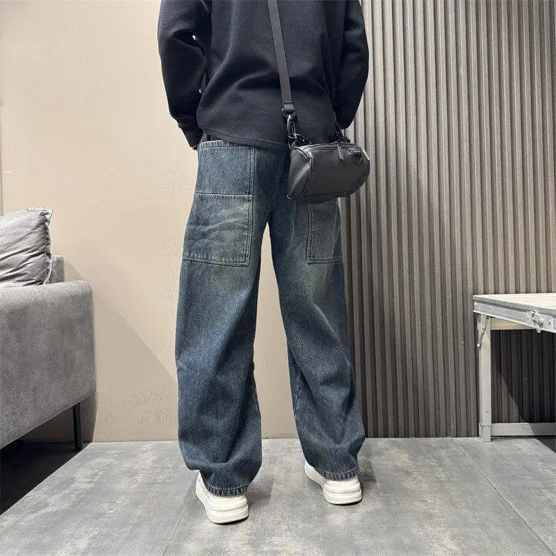 American Retro Splicing Men's Jeans Casual Fashion Versatile Denim Pants Spring Autumn Washed Drawstring Trendy Loose Trousers